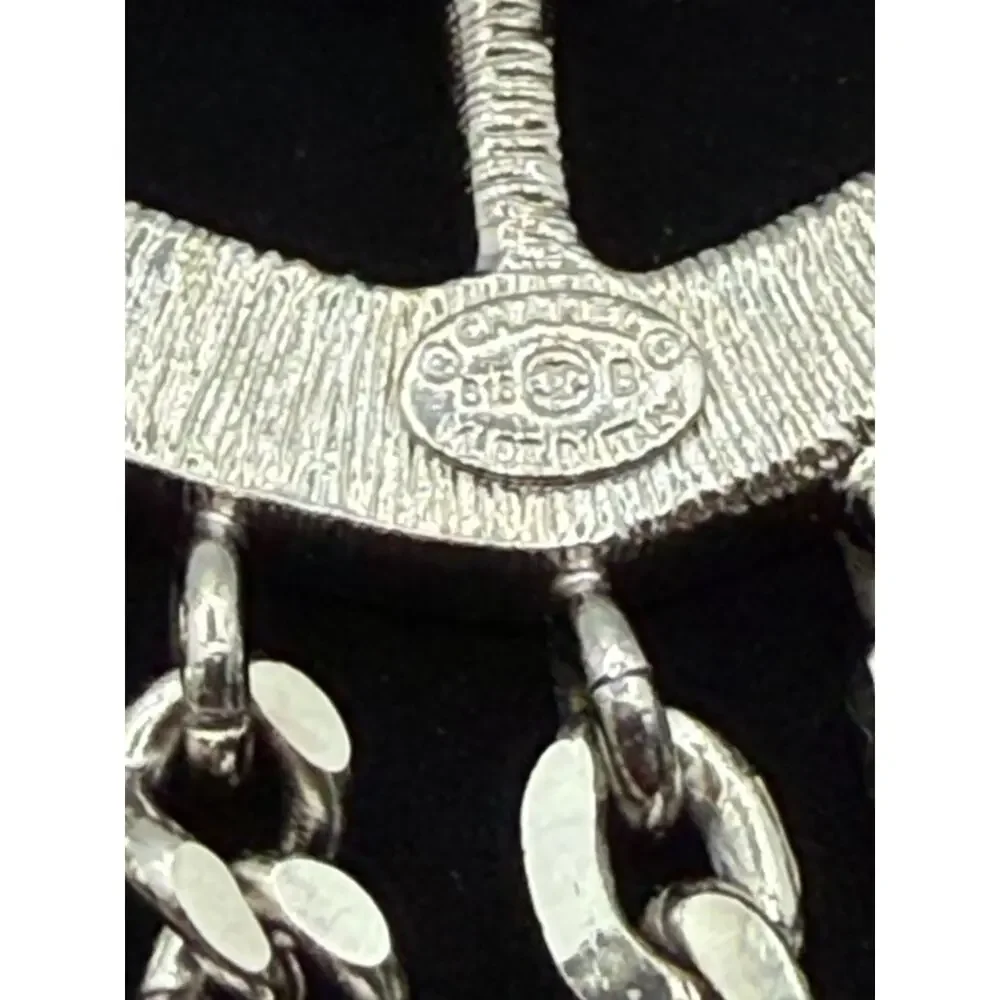 Chanel Baguette Crystal CC Shield Multi-Strand Long Chain Brooch Silver
